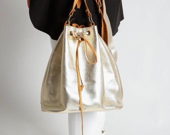 Gold Crossbody handbag, Boho Leather Bucket Bag, Handtasche leder, Leather Pouch Bag, Mothers day gift Handbag, Unique Gift for Her, ORPHEO