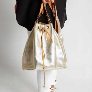 Gold Crossbody handbag, Boho Leather Bucket Bag, Handtasche leder, Leather Pouch Bag, Mothers day gift Handbag, Unique Gift for Her, ORPHEO
