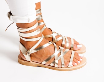 Gold Greek Leather Sandals  Gladiator Sandals, Lace up Sandals, Sandalias Griegas, Griechische Sandalen, Sandales Grecques Plates YPSI