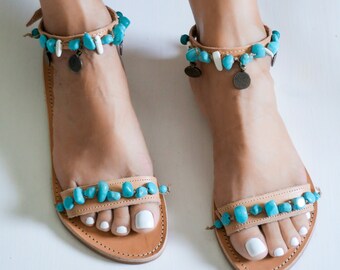 SUMMER DREAM, Boho sandals with coins and gemstones, Greek leather sandals, Ethnic summer beach sandals, Festival sandals, gift for her