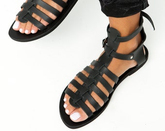 Greek LeatherSandals Gladiator Sandals Black Roman Sandals Women Strappy Sandals, Les Tropéziennes, Sandales Grecques, OLYMPE