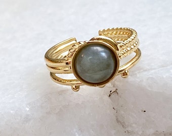 Grey Labradorite Stone Ring Gold Gemstone Ring Elegant Boho Chic Damen Ring Stainless Steel Adjustable Ring for women, Bague Pierre, HERMINA