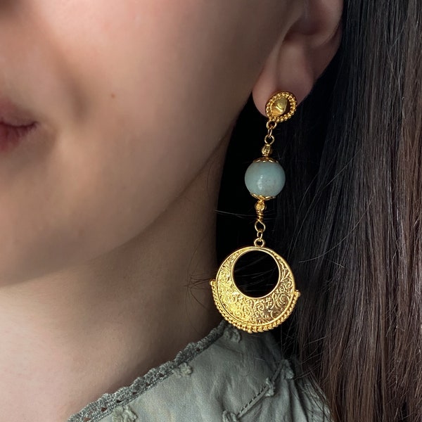 Amazonit Lange Ohrringe Gypsy Gold Ohrringe Süß Tribal Ohrringe Türkis Edelstein Ohrringe Festival Ohrringe Weihnachtsgeschenk für Sie