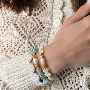 Amazonite & Pearl Heishi Bracelet, Nacre Chips Jewelry, Boho Chic, Gift for Mum, ALPHA
