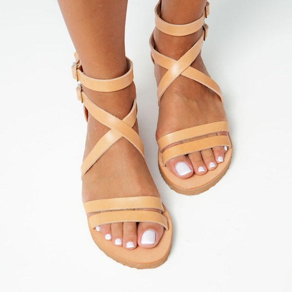 Ankle Strap Leather Sandals, Natural Leather Gladiadors, Flat Roman Sandals, Greek Goddess Sandals, Griechische Sandalen, Spartiates, IOS