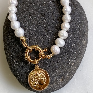 Freshwater Pearls charm bracelet, Gold Greek Coin bracelet, Statement big pearls bracelet Vintage style, Anniversary Gift for Her,ALEXANDER