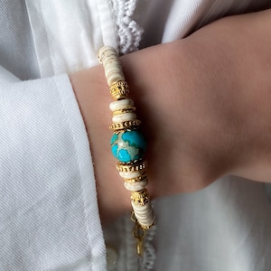 Turquoise edelsteenarmband jaspis Heishi-armband cadeau voor vriendin witte zomerarmband, GAYA