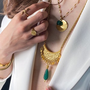 Gold Coin Necklace with Green Jade Pendant Boho Tribal Necklace Long Gold Chain Necklace Special Gift for Wife Anniversary Gift