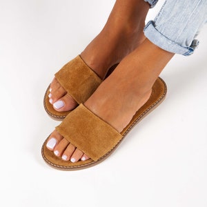 Leather Womens Sandals, Greek Slide Sandals, Griechische Sandalen, Sandales Cuir plates, Handmade Summer Shoes, RHODOS