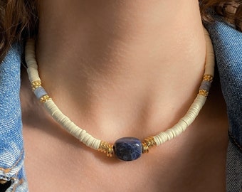 Necklace Heishi Boho Sodalite Blue Choker Necklace Women Aventurine Necklace Surfer White Beaded Necklace Gift for her