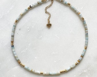 Dainty Aquamarine necklace,  Beaded Birthstone Necklace, Bijoux Ethniques, Natural stone Necklace, Collier pierre femme