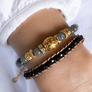 Labradorite beaded bracelet with ethnic gold beads, Statement Heishi Surfers Bracelet, Delicate Boho chic bracelet