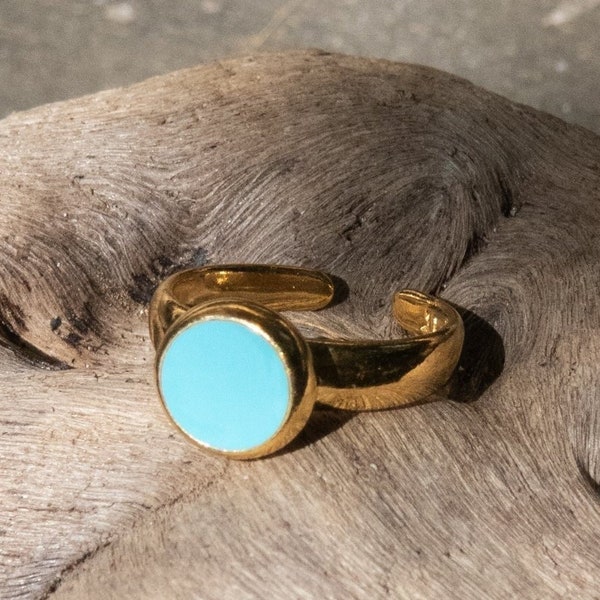 Turquoise Womens ring, 24k Gold Plated open ring, Minimalist statement ring, Plain round ring, Bague femme plaqué or