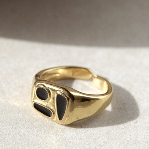 Signet Black Forms Stamp RING, Gold Signet ring, wide band ring, Gift for Her