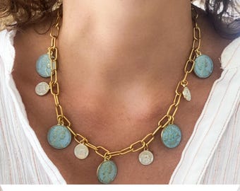 Vintage Style Charm Choker, Antique Gold Coin Necklace, Chunky Coin Pendant Medallion, Statement Paperclip Chain, Gift for her, MALKA