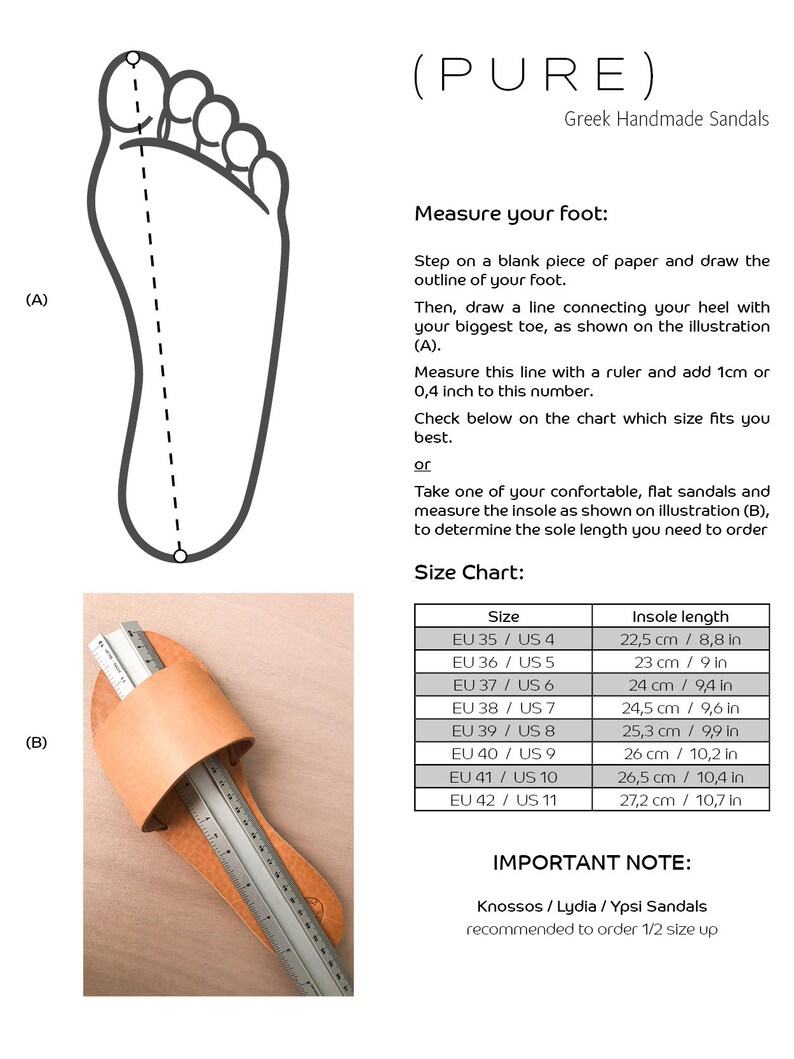 May include: A size chart for Greek handmade sandals, showing the insole length in centimeters and inches for each size. The chart includes sizes EU 35 to EU 42, corresponding to US sizes 4 to 11. The text "IMPORTANT NOTE: Knossos / Lydia / Ypsi Sandals recommended to order 1/2 size up" is also included.