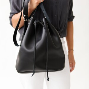 ORPHEO Black, Leather Bucket Bag, Womens handmade Shoulder Handbag, Genuine Leather Golden Pouch Bag