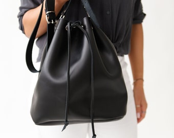 ORPHEO Black, Leather Bucket Bag, Womens handmade Shoulder Handbag, Genuine Leather Golden Pouch Bag