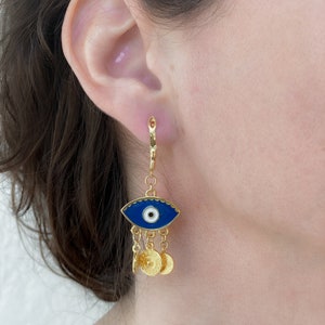 Gold evil eye earrings, Bohemian Coin Earrings, Cute dangle resin Earrings, Evil eye jewelry, Bridesmaid gift image 2