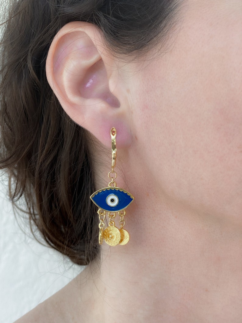 Gold evil eye earrings, Bohemian Coin Earrings, Cute dangle resin Earrings, Evil eye jewelry, Bridesmaid gift image 2