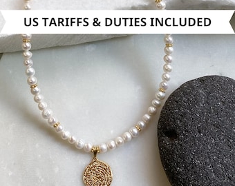 Mum Gift  Freshwater Pearls necklace, Gold Ancient Greek coin pearl chocker, Gold charm pearl necklace, Pearl coin medallion, Disc PHAESTOS