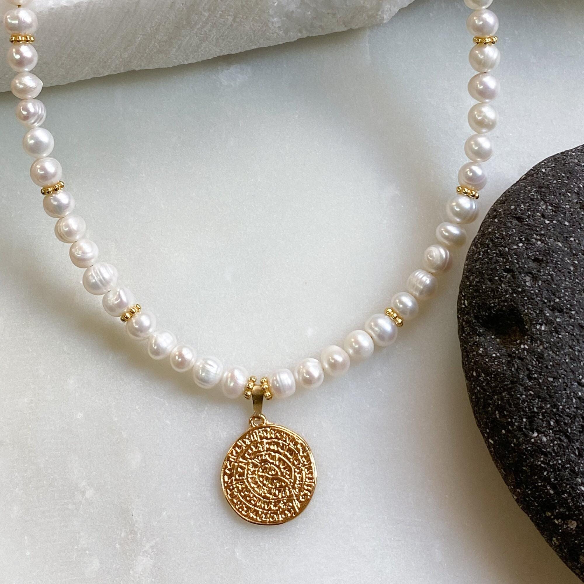 Mum Gift Freshwater Pearls Necklace, Gold Ancient Greek Coin Pearl 