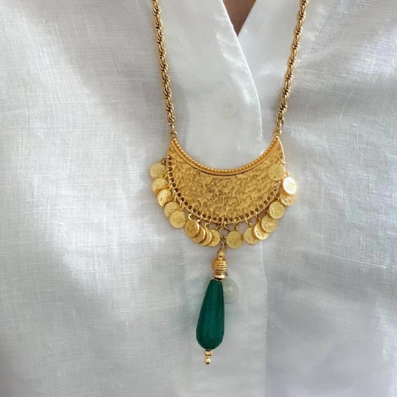 Ethnic coin Necklace with Green Jade Pendant, Collier femme artisanal, Jade gemstone therapy necklace, Mum gift, Boho Tribal Necklace,KIVELI