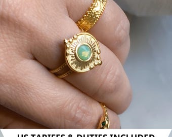 Anillo de piedra preciosa verde y dorada para mujer, romántico anillo bohemio de cristal, elegante anillo para mujer, anillo abierto de acero inoxidable, regalo de cumpleaños para ella, SEZAN