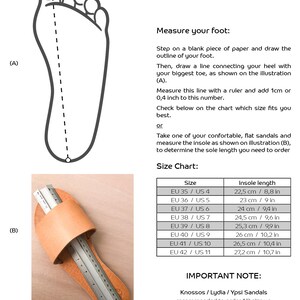 May include: Image detailing how to measure foot size for Greek handmade sandals. Includes a foot outline, instructions, and a size chart with EU and US sizes, and insole lengths in cm and inches.