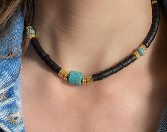 Turquoise Stone Necklace, Statement black Heishi necklace, Summer Surfer boho necklace, Easy to wear Jewelry, PHILIPPA