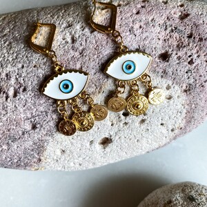 Gold evil eye earrings, Bohemian Coin Earrings, Cute dangle resin Earrings, Evil eye jewelry, Bridesmaid gift White