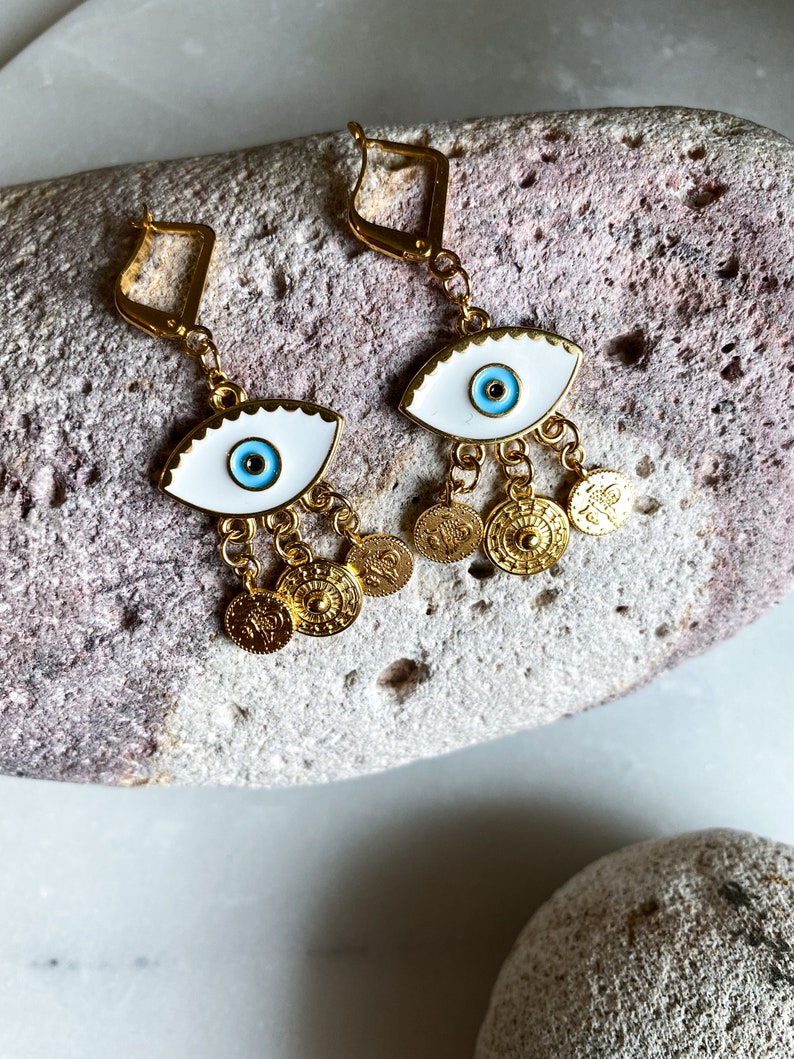 Gold evil eye earrings, Bohemian Coin Earrings, Cute dangle resin Earrings, Evil eye jewelry, Bridesmaid gift White