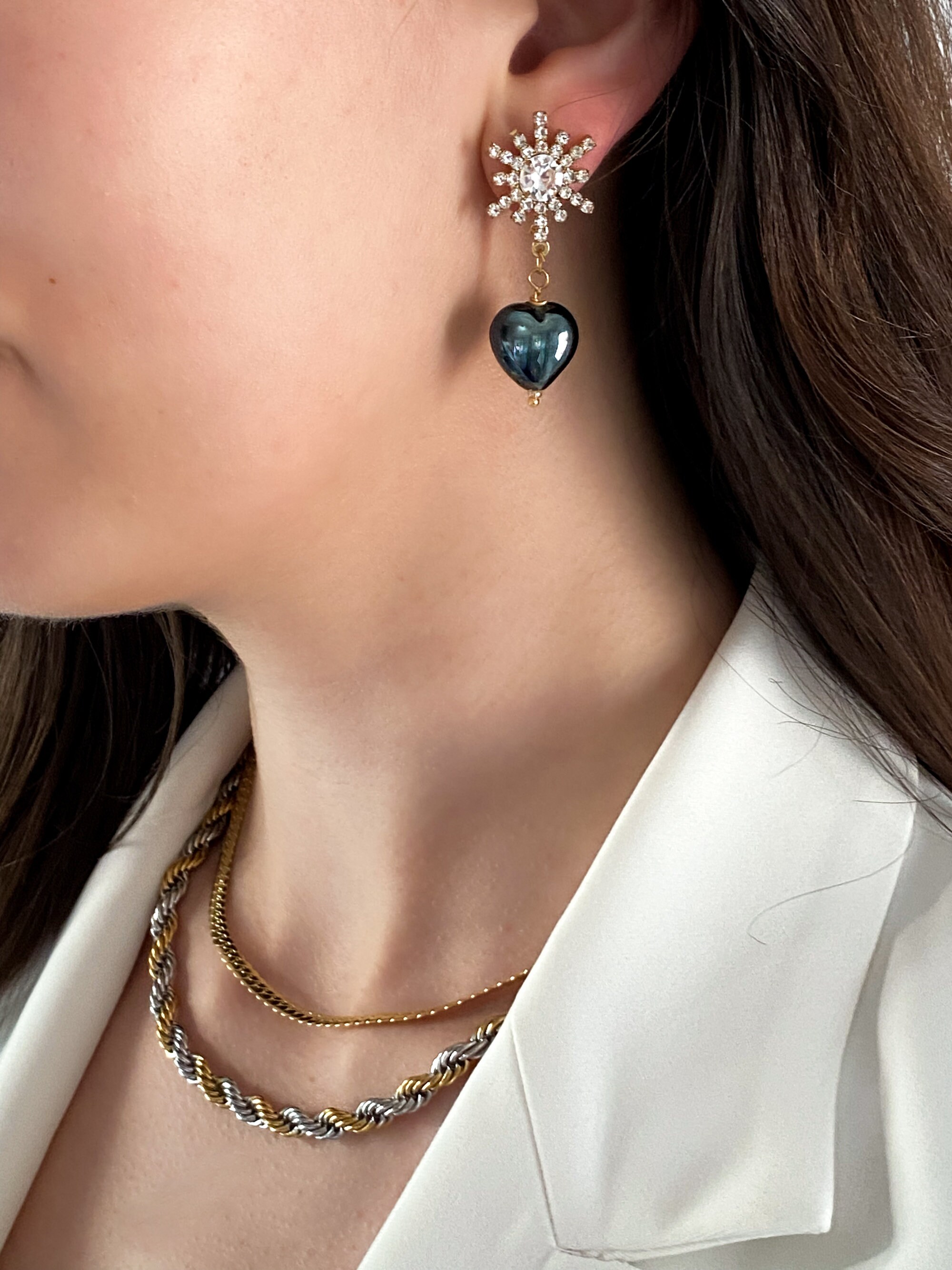 Crystal Black Heart Earrings Y2K Heart Earrings Big Heart