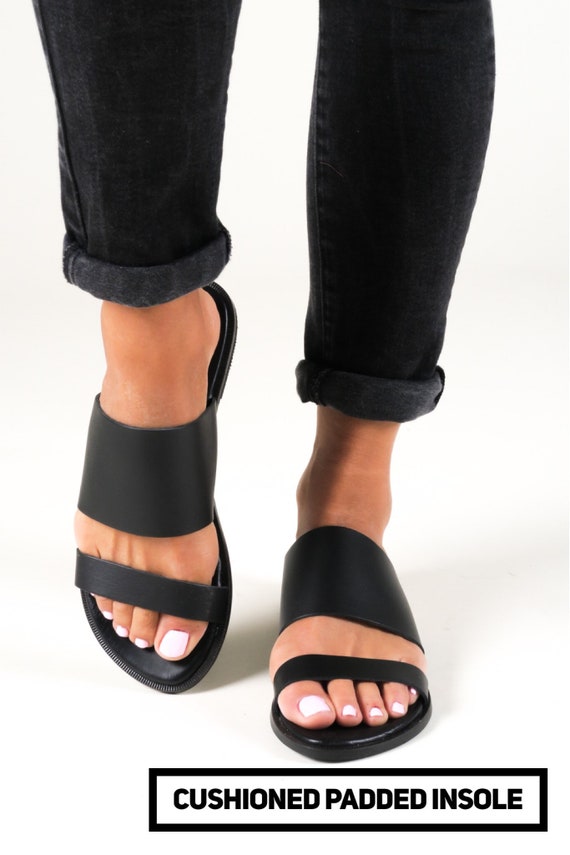 Sandales Grecques Plates en Cuir, Cushioned Flat Sandals, Ancient Greek Sandals,  Sandalias Griegas, Black Slippers, KYTHIRA