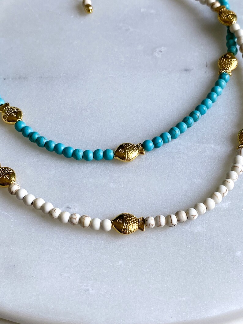 Turquoise Heishi Necklace with Gold Fishes Surfer Boho Necklace White Summer Necklace, Gift for her, Collier Pierres, NIREAS image 5