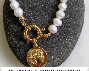Freshwater Pearls charm bracelet, Gold Greek Coin bracelet, Statement big pearls bracelet Vintage style, Anniversary Gift for Her,ALEXANDER