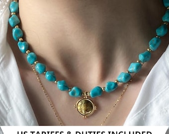 Turquoise gem necklace with gold pendant, Gift for mum, Handmade summer necklace, Classic elegant necklace for office look, Gift for her