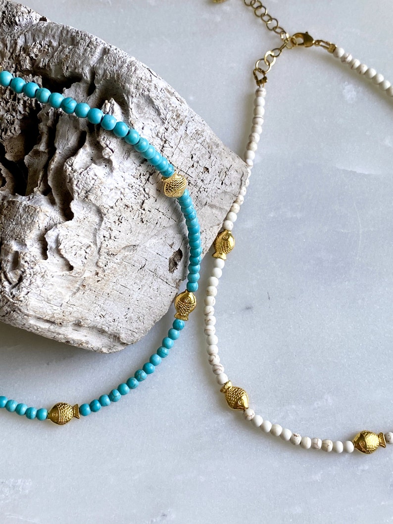 Turquoise Heishi Necklace with Gold Fishes Surfer Boho Necklace White Summer Necklace, Gift for her, Collier Pierres, NIREAS image 6