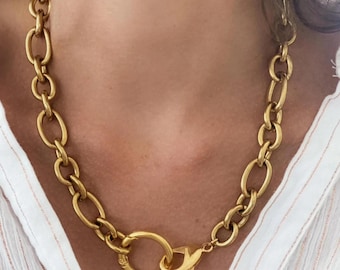 Gold Chunky Chain Necklace, O Ring chain Necklace, Modern Rock style Necklace, Industrial Statement Necklace, Anniversary Gift for Her, IMAN
