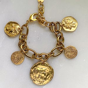 Ancient Greek Coins bracelet, Chunky gold charm bracelet with coins, Boho Thick chain bracelet, Wife Gift, Birthday Gift for Her, ESTÉE