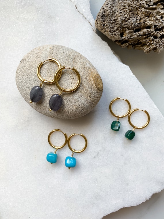 SORAYA Large Hoop Earrings With Jade or Agate Stone Charm Gold