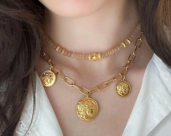 Gold Coin Necklace Statement Thick Necklace Paperclip Chain Chunky Gold Necklace Coin Pendant Medaillon Vintage Style Gift for her