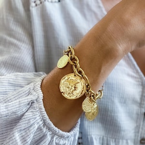 Chunky gold charm bracelet with coins, Statement Thick chain bracelet, Oversized Ancient Greek Bracelet Vintage style, Gift for Her, ESTÉE
