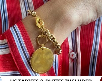 Chunky gold charm bracelet with big round coin, Statement Thick chain bracelet, Oversized  Bracelet Vintage style, Gift for Her, FARIBA