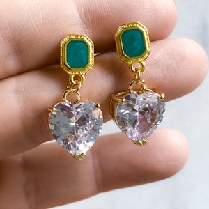 Zircon Heart Earrings, Stud and drop heart Earrings, Statement retro heart earrings, Dangle earrings vintage style, Saint Valentine Gift image 7