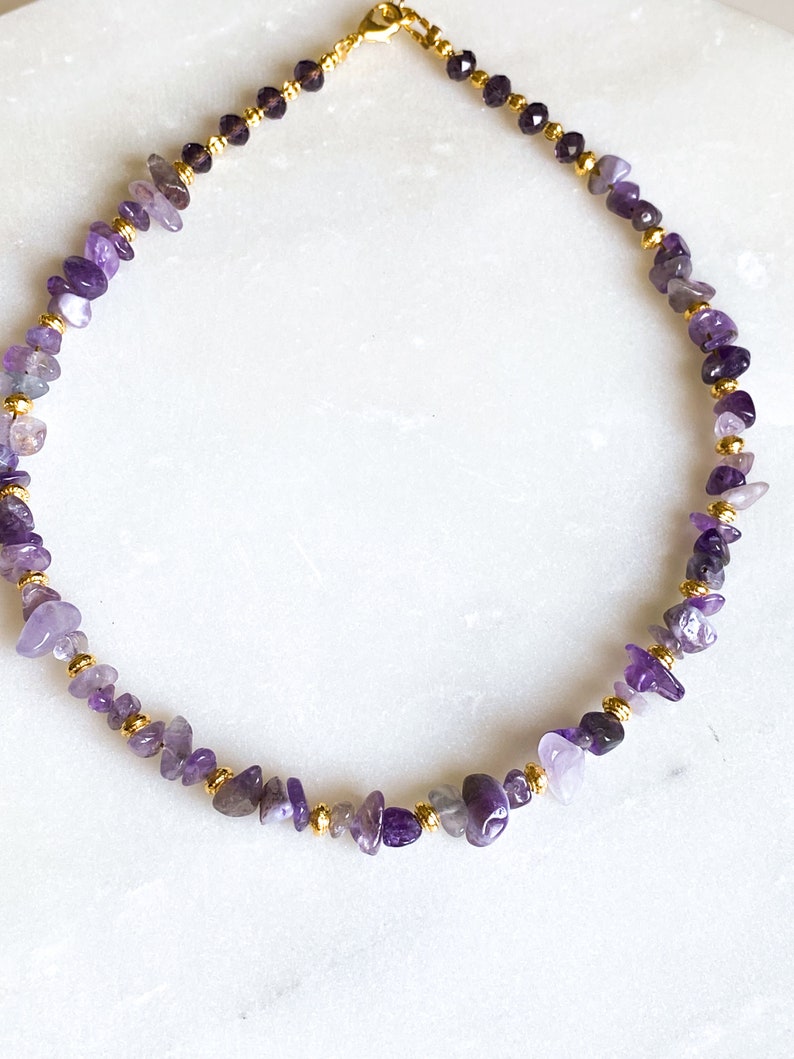 Mum Gift Amethyst necklace Crystal Chip Choker Statement Boho Necklace Collier Pierre femme February Birthstone chocker Gift for her image 9