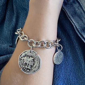 Chunky silver charm bracelet with coins, Statement Thick chain bracelet, Oversized Ancient Greek Bracelet Vintage style, Gift for Her, ESTÉE