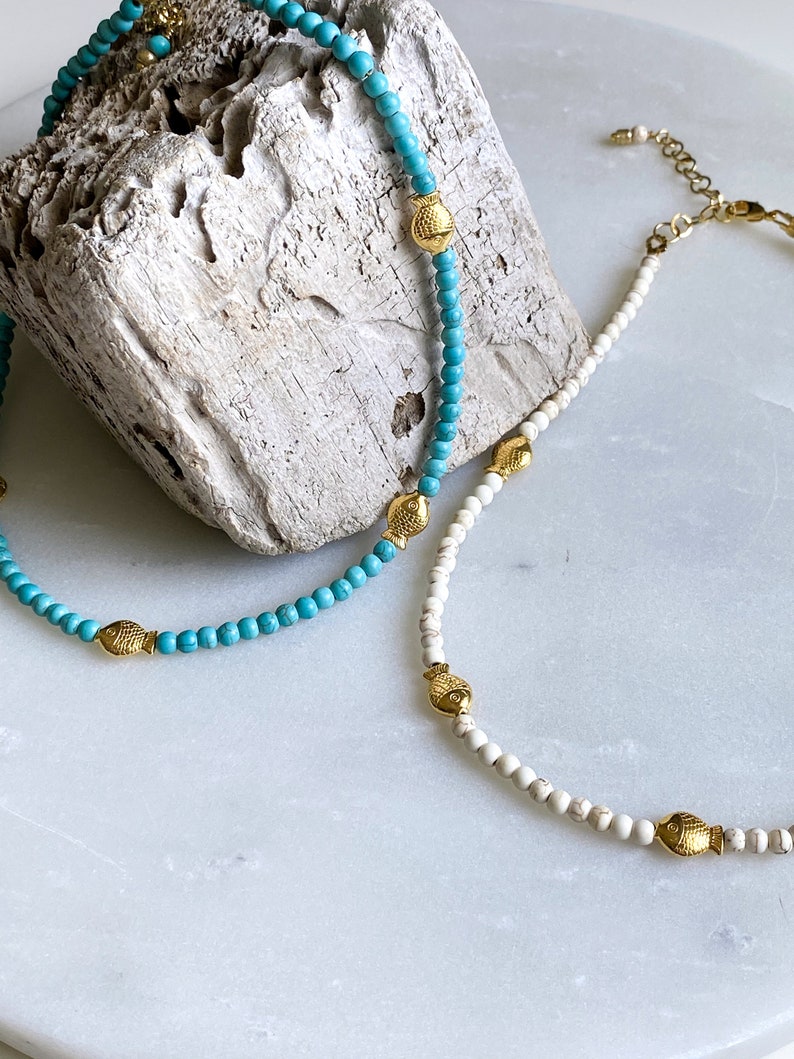 Turquoise Heishi Necklace with Gold Fishes Surfer Boho Necklace White Summer Necklace, Gift for her, Collier Pierres, NIREAS image 8