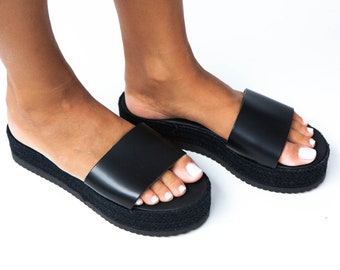 Black platform sandals greek platforms  slip on sandals leather summer wedges  black leather shoes  women shoes  greek sandals, IKARIA