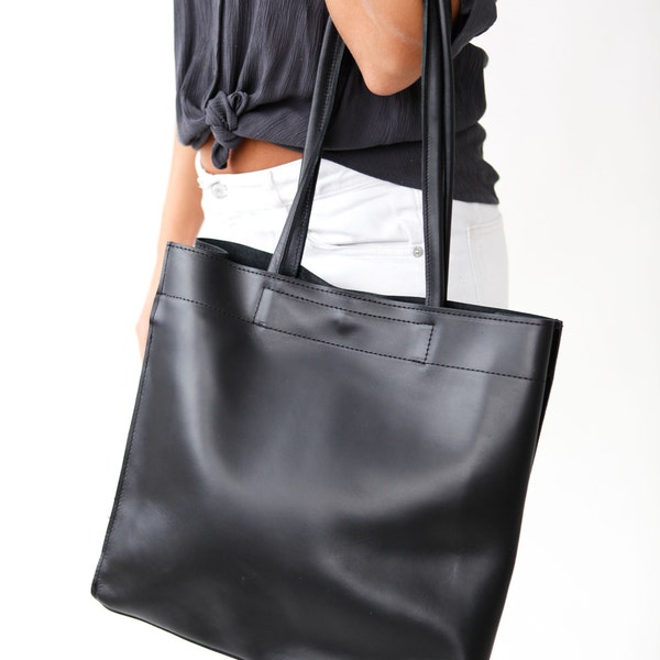 ALINA Black, Womens Tote Bag, Long handles Shopper, Ledertasche Damen, Sac Cabas femme, Large leather handbag